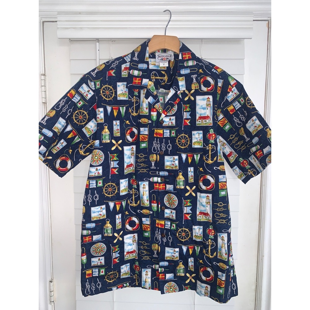 Pacific Legend Mens Nautical Hawaiian Shirt Navy Blue Lighthouse Anchor Cotton M